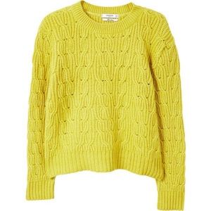 Mango Wool Blend Cable Knit Oversized Yellow Green Sweater Medium